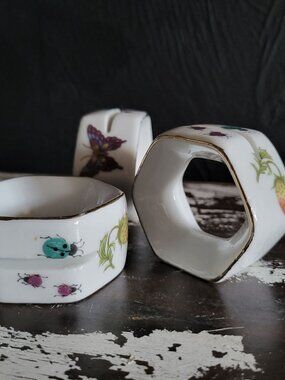 Ardalt Porcelain Napkin Ring/Place Card Holder Butterfly Ladybug Strawberry